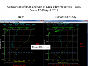 Profiles from BATS (left) and the center of the eddy (right) from 17-19 April 2017 during the most recent BATS cruise